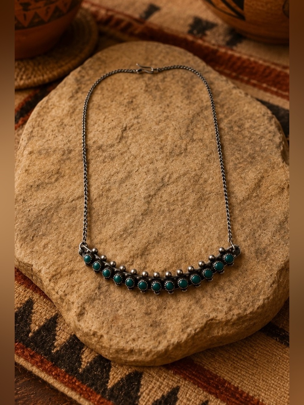 Fred Harvey Era Native Style Sterling Silver Faux Turquoise Choker Necklace
